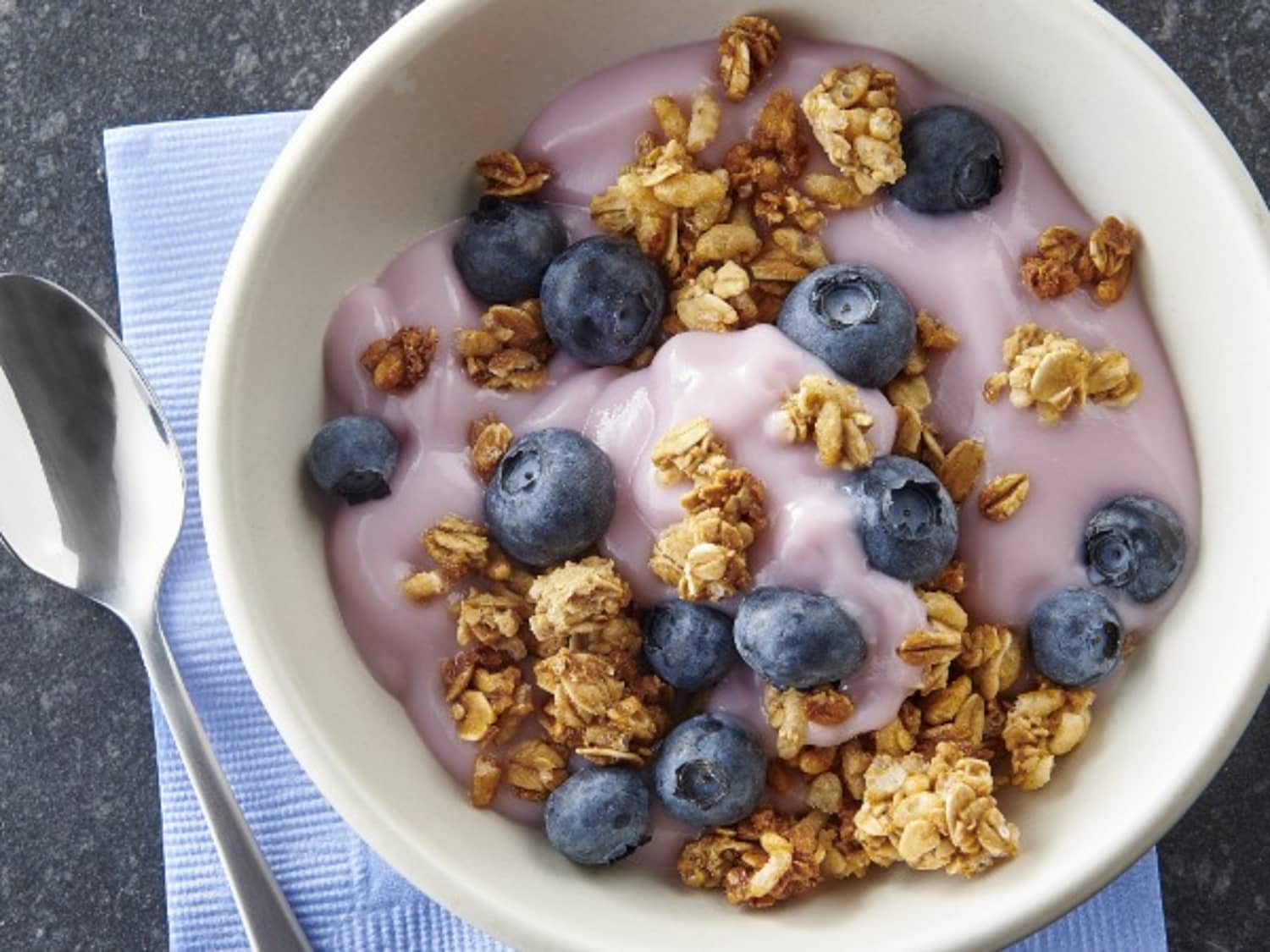Bowl of yogurt with granola and blueberries